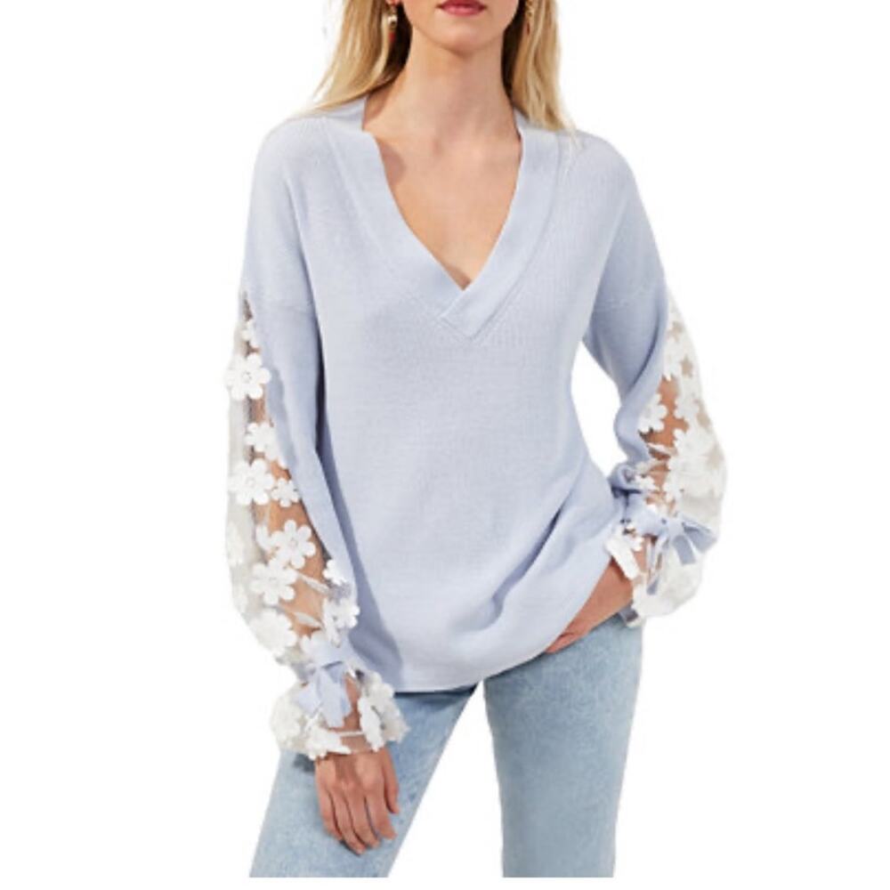 French Connection V Neck baby blue sweater with lace bell sleeves sz XS